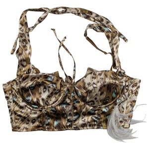 Frederick's of Hollywood Lingerie Bra Sz Small Leopard Print Feather Halter Top